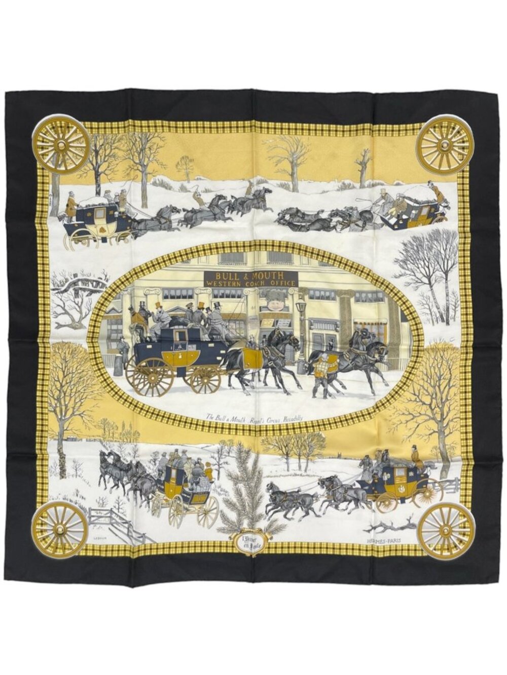 Hermes Carre 90 L'hiver en Poste Scarf Winter Mail Carriage Silk Black